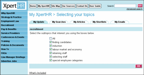 My Update - subtopic selection page