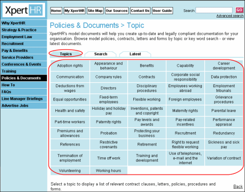 Policies and documents topic navigation buttons