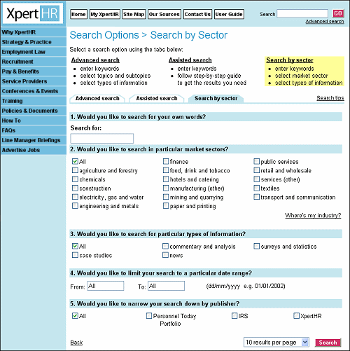 Search by sector form