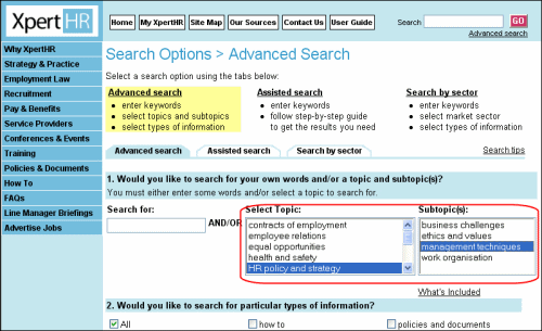 Topic and subtopic selection boxes