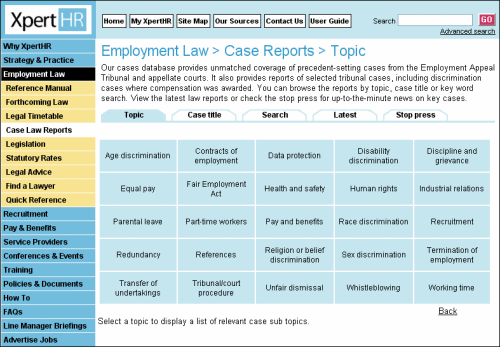 Case law reports main topic navigation buttons