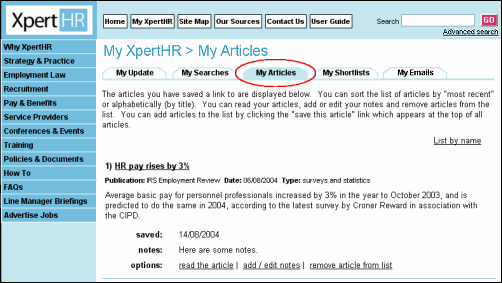 My articles page