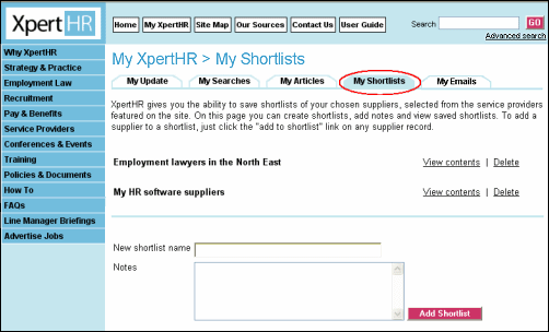 My shortlists page